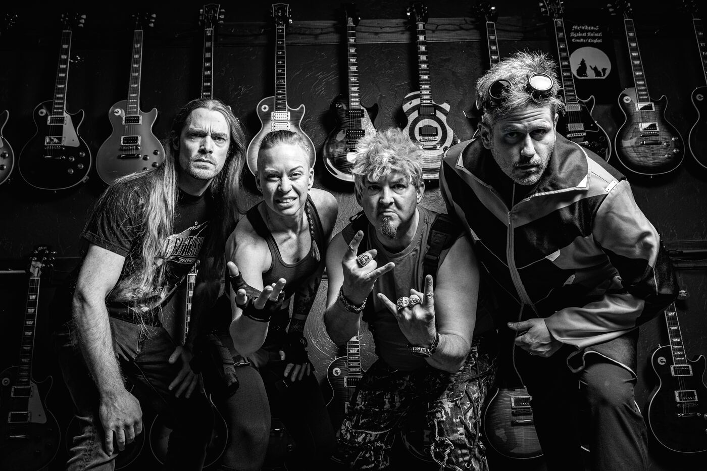 The band in costume, black and white